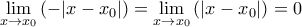 \underset{x\to {{x}_{0}}}{\mathop{\lim }}\,(-|x-{{x}_{0}}|)=\underset{x\to {{x}_{0}}}{\mathop{\lim }}\,(|x-{{x}_{0}}|)=0