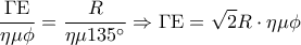 \displaystyle 
 \frac{{\Gamma {\rm E}}}{{\eta \mu \phi }} = \frac{R}{{\eta \mu 135^\circ }} \Rightarrow \Gamma {\rm E} = \sqrt 2 R \cdot \eta \mu \phi