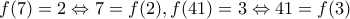\displaystyle{f(7)=2 \Leftrightarrow 7=f(2),f(41)=3  \Leftrightarrow 41=f(3)}