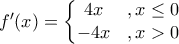f'(x)=\left\{\begin{matrix} 
 4x&, x\leq 0  & \\  
 -4x&,x>0  &  
\end{matrix}\right.