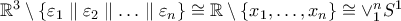 \mathbb{R}^3\setminus \{\varepsilon_1\parallel \varepsilon_2 \parallel \ldots \parallel\varepsilon_n \} \cong \mathbb{R}\setminus \{x_1,\ldots, x_n\} \cong \vee_1^n S^1 \mathbb{R}^3\setminus \{\varepsilon_1\parallel \varepsilon_2 \parallel \ldots \parallel\varepsilon_n \} \cong \mathbb{R}\setminus \{x_1,\ldots, x_n\} \cong \vee_1^n S^1