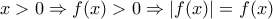 x > 0 \Rightarrow f(x) > 0 \Rightarrow |f(x)| = f(x)