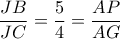 \dfrac{{JB}}{{JC}} = \dfrac{5}{4} = \dfrac{{AP}}{{AG}}