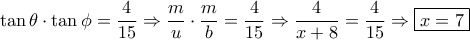 \tan \theta  \cdot \tan \phi  = \dfrac{4}{{15}} \Rightarrow \dfrac{m}{u} \cdot \dfrac{m}{b} = \dfrac{4}{{15}} \Rightarrow \dfrac{4}{{x + 8}} = \dfrac{4}{{15}} \Rightarrow \boxed{x = 7}
