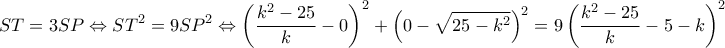 \displaystyle ST=3SP\Leftrightarrow ST^{2}=9SP^{2}\Leftrightarrow \left ( \frac{k^{2}-25}{k} -0\right )^{2}+\left ( 0-\sqrt{25-k^{2}} \right )^{2}=9\left ( \frac{k^{2}-25}{k}-5-k \right )^{2} \displaystyle ST=3SP\Leftrightarrow ST^{2}=9SP^{2}\Leftrightarrow \left ( \frac{k^{2}-25}{k} -0\right )^{2}+\left ( 0-\sqrt{25-k^{2}} \right )^{2}=9\left ( \frac{k^{2}-25}{k}-5-k \right )^{2}
