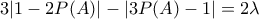 \displaystyle{ 
\left3| {1 - 2P(A)} \right| - \left| {3P(A) - 1} \right| = 2\lambda  
}