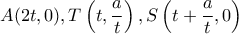 A(2t,0), T\left (t, \dfrac{a}{t} \right ) , S\left ( t+\dfrac{a}{t},0 \right ) A(2t,0), T\left (t, \dfrac{a}{t} \right ) , S\left ( t+\dfrac{a}{t},0 \right )