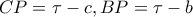 \displaystyle{CP = \tau  - c,BP = \tau  - b}