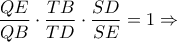 \displaystyle \frac{QE}{QB}\cdot \frac{TB}{TD}\cdot \frac{SD}{SE} = 1\Rightarrow