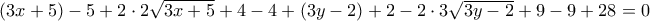 (3x + 5) - 5 + 2 \cdot 2 \sqrt{3x + 5} + 4 - 4 + (3y - 2) + 2 - 2 \cdot 3 \sqrt{3y - 2} + 9 - 9 + 28 = 0