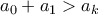 \displaystyle{a_{0}+a_{1}>a_{k}}
