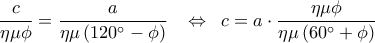 \displaystyle 
\frac{c}{{\eta \mu \phi }} = \frac{a}{{\eta \mu \left( {120^\circ  - \phi } \right)}}\;\;\; \Leftrightarrow \;\;c = a \cdot \frac{{\eta \mu \phi }}{{\eta \mu \left( {60^\circ  + \phi } \right)}}