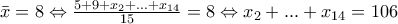 \bar{x}=8\Leftrightarrow{\frac{5+9+x_2+...+x_{14}}{15}=8}\Leftrightarrow{x_2+...+x_{14}=106}