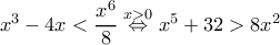 x^3-4x< \dfrac{x^6}{8}\overset{x>0}{\Leftrightarrow }x^5+32> 8x^2