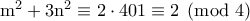 \rm m^2+3n^2\equiv 2\cdot 401\equiv 2\pmod4 