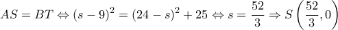 \displaystyle AS = BT \Leftrightarrow {(s - 9)^2} = {(24 - s)^2} + 25 \Leftrightarrow s = \frac{{52}}{3} \Rightarrow S\left( {\frac{{52}}{3},0} \right)