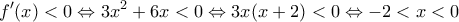 \displaystyle{f'(x)<0\Leftrightarrow 3x^2+6x<0\Leftrightarrow 3x(x+2)<0 \Leftrightarrow -2<x<0}
