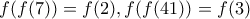 \displaystyle{f(f(7))=f(2),f(f(41))=f(3)}