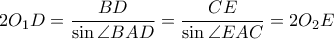 2O_1D=\dfrac{BD}{\sin \angle BAD}=\dfrac{CE}{\sin \angle EAC}=2O_2E