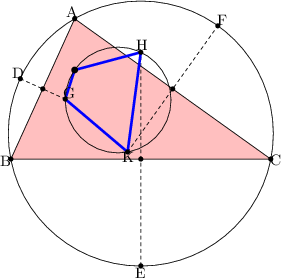 \begin{tikzpicture}[line cap=round,line join=round,>=triangle 45,x=0.5cm,y=0.5cm] 
\clip(-4,-11) rectangle (19.3,6.3); 
\fill[color=green,fill=pink,fill opacity=0.1] (6.7,2.94) -- (4,-3) -- (15,-3) -- cycle; 
\draw <span style="color:blue"> (6.7,2.94)-- (4,-3); 
\draw <span style="color:red"> (4,-3)-- (15,-3); 
\draw <span style="color:green"> (15,-3)-- (6.7,2.94); 
\draw(9.5,-1.92) circle (2.805cm); 
\draw [dash pattern=on 2pt off 2pt] (8.94,-2.7)-- (12.76,2.64); 
\draw [dash pattern=on 2pt off 2pt] (4.4,0.4)-- (6.3,-0.46); 
\draw [dash pattern=on 2pt off 2pt] (9.5,-7.52)-- (9.5,1.52); 
\draw [line width=1.5pt,color=blue] (6.3,-0.46)-- (6.7,0.77); 
\draw [line width=1.5pt,color=blue] (6.7,0.77)-- (9.5,1.52); 
\draw [line width=1.5pt,color=blue] (6.3,-0.46)-- (8.94,-2.7); 
\draw [line width=1.5pt,color=blue] (8.94,-2.7)-- (9.5,1.52); 
\draw <span style="color:red"> (8.54,-0.5) circle (1.12cm); 
\fill <span style="color:black"> (6.7,2.94) circle (1.5pt); 
\begin{footnotesize} 
\draw<span style="color:black"> (6.58,3.24) node {A}; 
\fill <span style="color:black"> (4,-3) circle (1.5pt); 
\draw<span style="color:black"> (3.76,-3.06) node {B}; 
\fill <span style="color:black"> (15,-3) circle (1.5pt); 
\draw<span style="color:black"> (15.22,-3.04) node {C}; 
\fill [color=black] (5.35,-0.03) circle (1.5pt); 
\fill [color=black] (10.85,-0.03) circle (1.5pt); 
\fill [color=black] (9.5,-3) circle (1.5pt); 
\fill [color=black] (4.4,0.4) circle (1.5pt); 
\draw[color=black] (4.28,0.64) node {D}; 
\fill [color=black] (9.5,-7.52) circle (1.5pt); 
\draw[color=black] (9.48,-7.8) node {E}; 
\fill [color=black] (12.76,2.64) circle (1.5pt); 
\draw[color=black] (12.92,2.9) node {F}; 
\fill [color=black] (6.3,-0.46) circle (1.5pt); 
\draw[color=black] (6.48,-0.2) node {G}; 
\fill [color=black] (9.5,1.52) circle (1.5pt); 
\draw[color=black] (9.56,1.84) node {H}; 
\fill [color=black] (8.94,-2.7) circle (1.5pt); 
\draw[color=black] (8.94,-2.92) node {K}; 
\fill [color=black] (6.7,0.77) circle (2pt); 
\end{footnotesize} 
\end{tikzpicture}