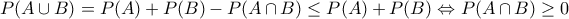 P(A \cup B)=P(A) + P(B) - P(A \cap B) \leq P(A) + P(B) \Leftrightarrow P(A \cap B) \geq 0