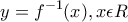 \displaystyle{y = f^{-1} (x), x \epsilon R} \displaystyle{y = f^{-1} (x), x \epsilon R}