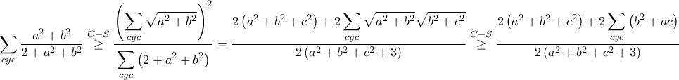 \displaystyle \sum_{cyc}^{}\frac{a^{2}+b^{2}}{2+a^{2}+b^{2}}\overset{C-S}\geq \frac{\left ( \displaystyle\sum_{cyc}^{} \sqrt{a^{2}+b^{2}} \right )^{2}}{\displaystyle\sum_{cyc}^{} \left ( 2+a^{2}+b^{2} \right )}=\frac{2\left ( a^{2}+b^{2}+c^{2} \right )+2\displaystyle\sum_{cyc}^{}\sqrt{a^{2}+b^{2}}\sqrt{b^{2}+c^{2}}}{2\left ( a^{2}+b^{2} +c^{2}+3\right )}\overset{C-S} \geq  \frac{2\left ( a^{2}+b^{2}+c^{2} \right )+2\displaystyle\sum_{cyc}^{}\left ( b^{2}+ac \right )}{2\left ( a^{2}+b^{2}+c^{2} +3\right )}