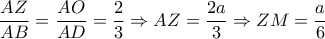  \dfrac{AZ}{AB}= \dfrac{AO}{AD}=\dfrac{2}{3}   \Rightarrow AZ=  \dfrac{2a}{3} \Rightarrow ZM= \dfrac{a}{6}   
