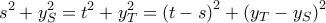 \displaystyle s^2+y_S^2=t^2+y_T^2=\left(t-s\right)^2+\left(y_T-y_S\right)^2