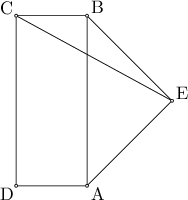 \begin{tikzpicture}[line cap=round,line join=round,>=triangle 45,x=1.0cm,y=1.0cm,scale=0.6] 
\clip(0.004726675097229433,-0.8122964812438617) rectangle (7.485029251685043,6.686895748315156); 
\draw (1.,0.)-- (1.,6.); 
\draw (1.,6.)-- (3.5,6.); 
\draw (1.,0.)-- (3.5,0.); 
\draw (3.5,6.)-- (3.5,0.); 
\draw (3.5,6.)-- (6.5,3.); 
\draw (6.5,3.)-- (3.5,0.); 
\draw (6.5,3.)-- (1.,6.); 
\draw (3.4,0.16996547325757147) node[anchor=north west] {A}; 
\draw (3.4,6.743564707228701) node[anchor=north west] {B}; 
\draw (0.2,6.72467505425752) node[anchor=north west] {C}; 
\draw (0.2,0.15107582028639008) node[anchor=north west] {D}; 
\draw (6.4,3.7212202318396757) node[anchor=north west] {E}; 
\draw [fill=white] (1.,0.) circle (1.5pt); 
\draw [fill=white] (1.,6.) circle (1.5pt); 
\draw [fill=white] (3.5,6.) circle (1.5pt); 
\draw [fill=white] (3.5,0.) circle (1.5pt); 
\draw [fill=white] (6.5,3.) circle (1.5pt); 
\end{tikzpicture}