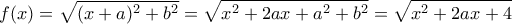\displaystyle{f(x)=\sqrt{(x+a)^2+b^2}=\sqrt{x^2+2ax+a^2+b^2}=\sqrt{x^2+2ax+4}