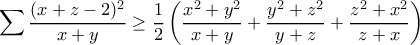 \displaystyle{\sum \frac{(x+z-2)^2}{x+y}\geq \frac12\left(\frac{x^2+y^2}{x+y}+\frac{y^2+z^2}{y+z}+\frac{z^2+x^2}{z+x} \right)}