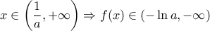 \displaystyle{x \in \left( {\frac{1}{a}, + \infty } \right) \Rightarrow f(x) \in ( - \ln a, - \infty )}
