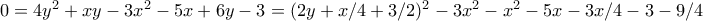 0 = 4y^2 + xy - 3x^2 - 5x + 6y - 3 = (2y + x/4 + 3/2)^2 - 3x^2 - x^2 - 5x - 3x/4 - 3 - 9/4