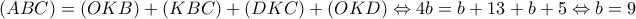\displaystyle (ABC) = (OKB) + (KBC) + (DKC) + (OKD) \Leftrightarrow 4b = b + 13 + b + 5 \Leftrightarrow b = 9