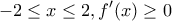 \displaystyle{-2\le x\le 2,f'(x)\ge0}