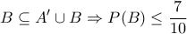 \displaystyle{B \subseteq A' \cup B \Rightarrow P(B) \le \frac{7}{{10}}} \displaystyle{B \subseteq A' \cup B \Rightarrow P(B) \le \frac{7}{{10}}}