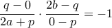 \dfrac {q-0}{2a+p} \cdot \dfrac {2b-q}{0-p} =-1