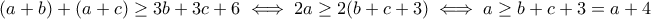 (a+b)+(a+c)\geq 3b+3c+6\iff 2a\geq 2(b+c+3)\iff a\geq b+c+3=a+4