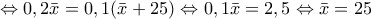\displaystyle{\Leftrightarrow 0,2\bar{x}=0,1(\bar{x}+25)\Leftrightarrow 0,1\bar{x}=2,5\Leftrightarrow \bar{x}=25}