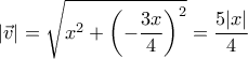 \displaystyle{\left | \vec{v} \right | =\sqrt {x^2+ \left(-\frac{3x}{4} \right )^2}=\frac{5|x|}{4}}