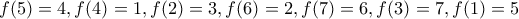 f(5)=4,f(4)=1,f(2)=3,f(6)=2,f(7)=6,f(3)=7,f(1)=5