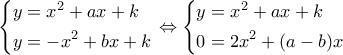 \left\{ \begin{gathered} 
  y = {x^2} + ax + k \hfill \\ 
  y =  - {x^2} + bx + k \hfill \\  
\end{gathered}  \right. \Leftrightarrow \left\{ \begin{gathered} 
  y = {x^2} + ax + k \hfill \\ 
  0 = 2{x^2} + (a - b)x \hfill \\  
\end{gathered}  \right.