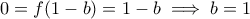 0=f(1-b)=1-b \implies b=1
