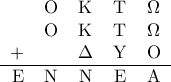 \displaystyle{\begin{tabular}{rccccc} 
 & O & K & T & \Omega \\ 
 & O & K & T & \Omega \\ 
+ &   &  \Delta &  Y & O \\ \hline  
 E & N & N & E & A  \\ 
\end{tabular}}
