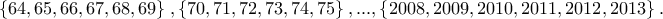 \left\{64,65,66,67,68,69 \right\},\left\{70,71,72,73,74,75 \right\},...,\left\{2008,2009,2010,2011,2012,2013 \right\}.