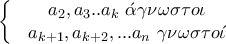 \left\{\begin{matrix} & a_2,a_3..a_k \,\,\acute{\alpha }\gamma \nu \omega \sigma \tau o\iota & \\ & a_{k+1},a_{k+2},...a_n \,\,\gamma \nu \omega \sigma \tau o\acute{\iota} & \end{matrix}\right.