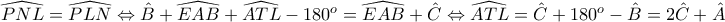 \widehat{PNL}=\widehat{PLN}\Leftrightarrow \hat{B}+\widehat{EAB}+\widehat{ATL}-180^o=\widehat{EAB}+\hat{C} \Leftrightarrow \widehat{ATL}=\hat{C}+180^o-\hat{B}=2\hat{C}+\hat{A}