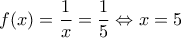 \displaystyle f(x)=\frac {1} {x}=\frac {1} {5} \Leftrightarrow x=5
