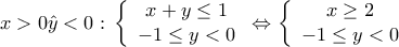 \displaystyle{
x > 0\^y < 0:\,\left\{ {\begin{array}{*{20}c}
{x + y \le 1} \\
{ - 1 \le y < 0} \\
\end{array}} \right. \Leftrightarrow \left\{ {\begin{array}{*{20}c}
{x \ge 2} \\
{ - 1 \le y < 0} \\
\end{array}} \right.
} \displaystyle{
x > 0\^y < 0:\,\left\{ {\begin{array}{*{20}c}
{x + y \le 1} \\
{ - 1 \le y < 0} \\
\end{array}} \right. \Leftrightarrow \left\{ {\begin{array}{*{20}c}
{x \ge 2} \\
{ - 1 \le y < 0} \\
\end{array}} \right.
}